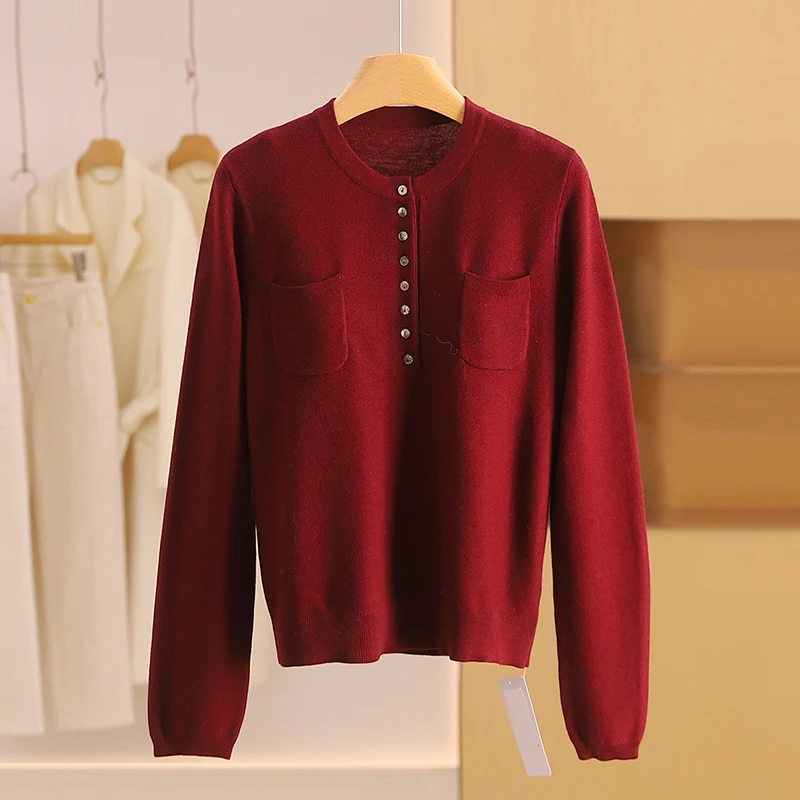 

Loose Fit round Neck Pullover Knitwear Pure Color Button up Winter Women's Fashion Comfortable Breathable Long Sleeve Top