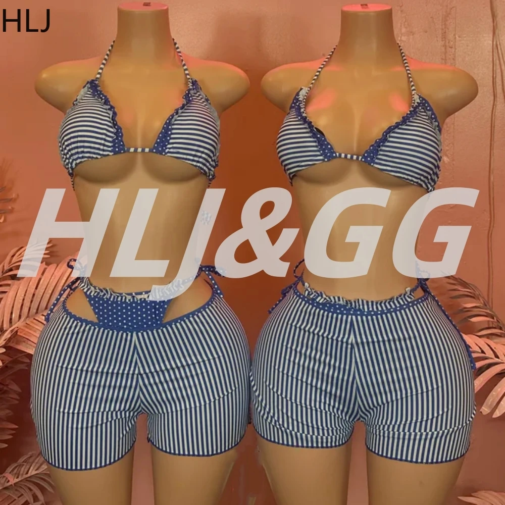 HLJ Sexy Striped Shorts Bikini 3 Piece Sets Swimsuit Women Swimwear Halter Backless Bra+Shorts Lace Up Outfit Female Beach Suits