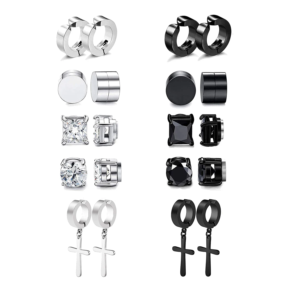 10 pairs of fashionable men's punk cross square zircon stainless steel magnet fake earrings set