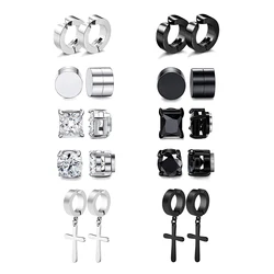 4-10 pairs of fashionable men's punk cross square zircon stainless steel magnet fake earrings set