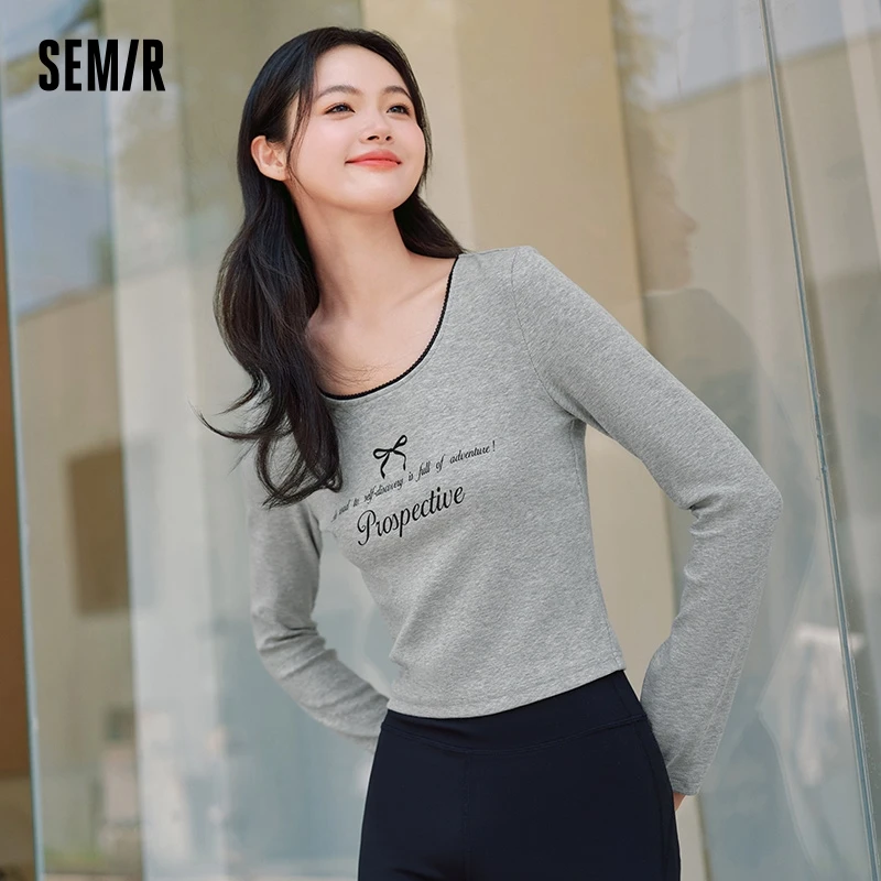 

Футболка Semir Женская с длинным рукавом, Короткий стильный приталенный кружевной топ с бантом и надписью, осень 2024