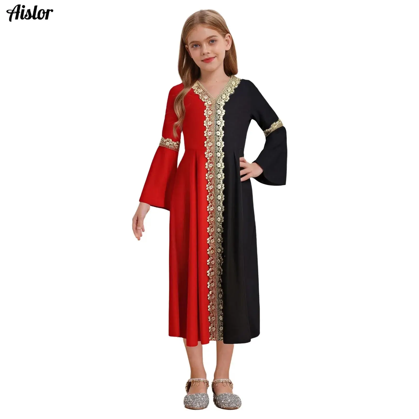 

Kids Girls Abaya Dress Church Robe V-neck Long Flared Sleeve Color Block Pleated Dress for Theme Party Halloween Cosplay Costume