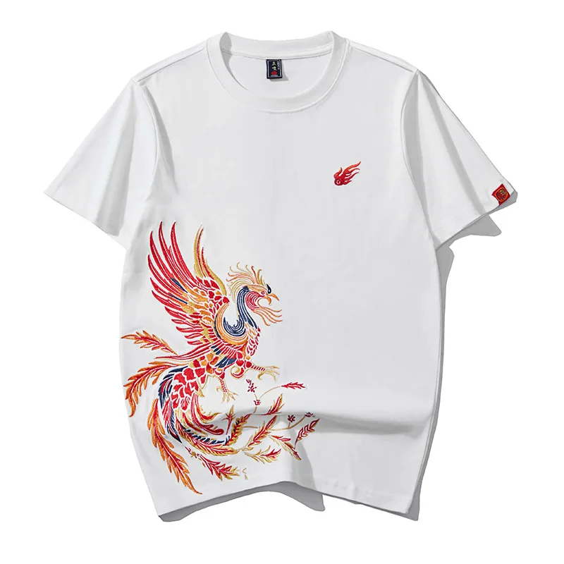 High Quality Summer Embroidery Phoenix Lucky Bird Men's T-shirt 100%Cotton Hip-Hop Harajuku Loose Short-Sleeved Tops Male M-4XL