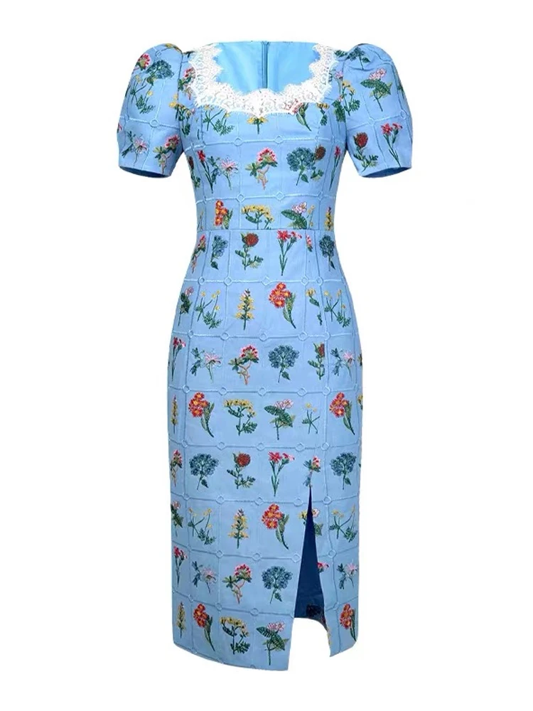 女性用ストリートウェア、ブルーの花柄刺繍入りパフスリーブ、スリムなミディ丈ペンシルドレス、エレガントなレディースファッション、パーティードレス、カジュアルな夏のワンピース