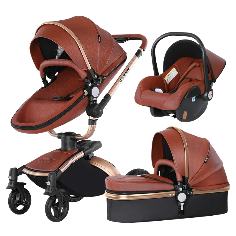 2023 Luxury high landscape pram newborn 3 in 1 car seat 360° swivel pu leather eggshell baby stroller