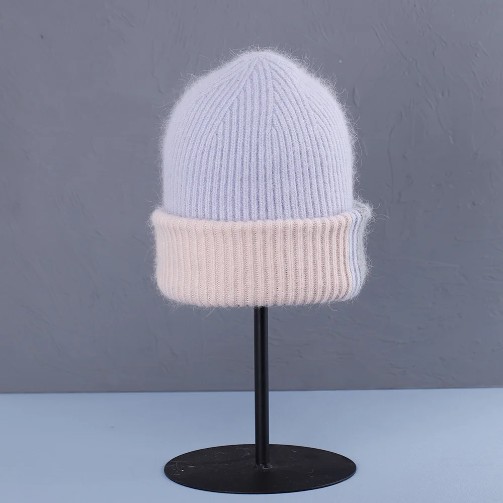 2023 Kaninchenfell-Wintermütze für Damen, Mützen, weich, warm, flauschig, rosa Farbe, Angora-Strickmütze, Skullies-Mützen zum kostenlosen Versand – Detail 6
