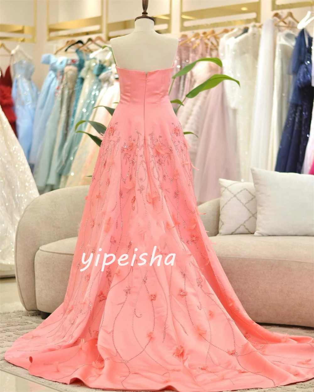 Customized s Flower Sequined Beading Feather Ruched Valentine's Day A-line Sweetheart Bespoke Occasion Gown Long Dresses