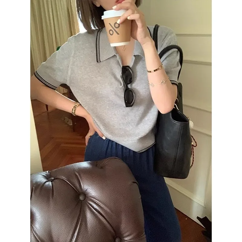 Summer High-end Fashion Polo Neck Knitted Shirt Slim Short Sleeve Tops Women Sexy Button T-shirt Office Lady Knitwear Y2k Tops image 2