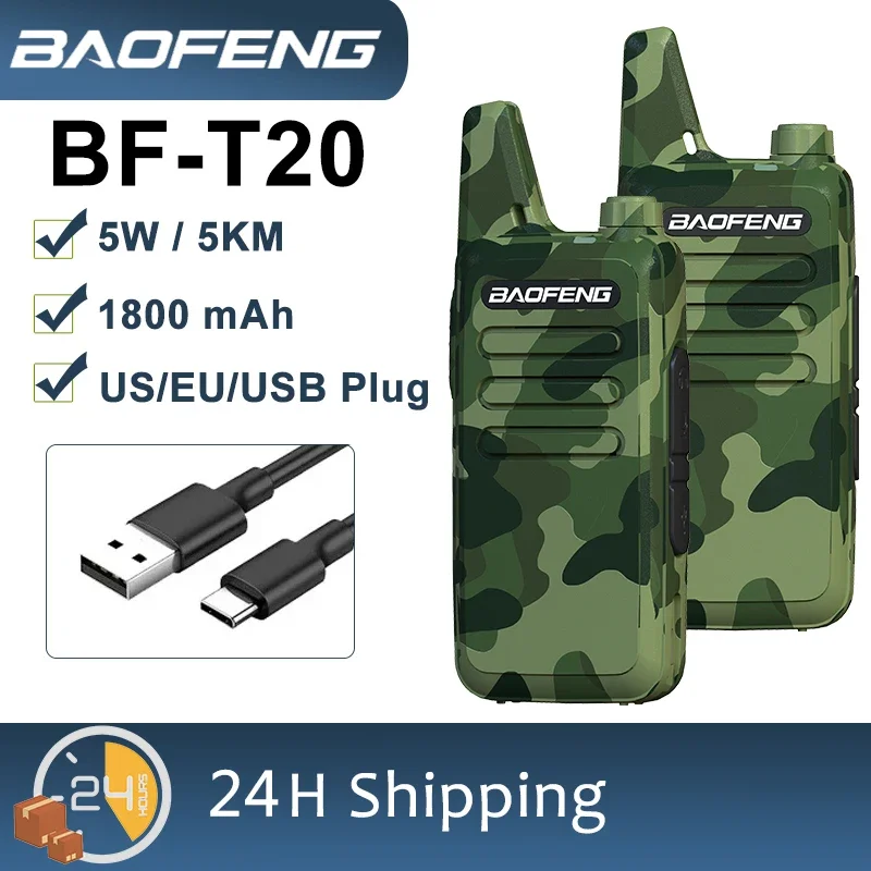 BF-T20 Baofeng Mini Walkie Talkie Camouflage 5W USB Charge 1/2PCS UHF 400-470MHZ Long Range Communication Radio Upgrade of BF-C9