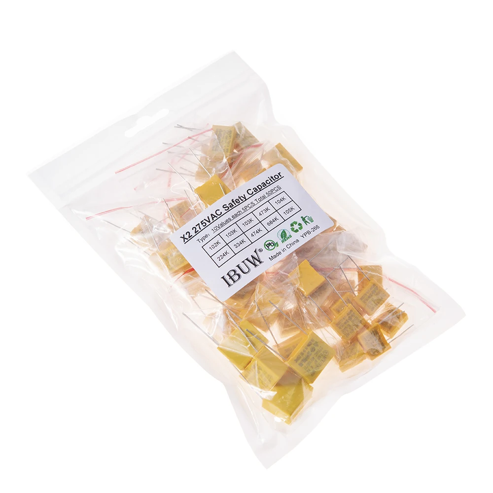 50pcs/Lot 224K 334K Polypropylene Film X2 Safety Capacitor Assorted Kit 275VAC 10Values Each 5pcs 1NF - 1UF 102K 103K 473K 104K