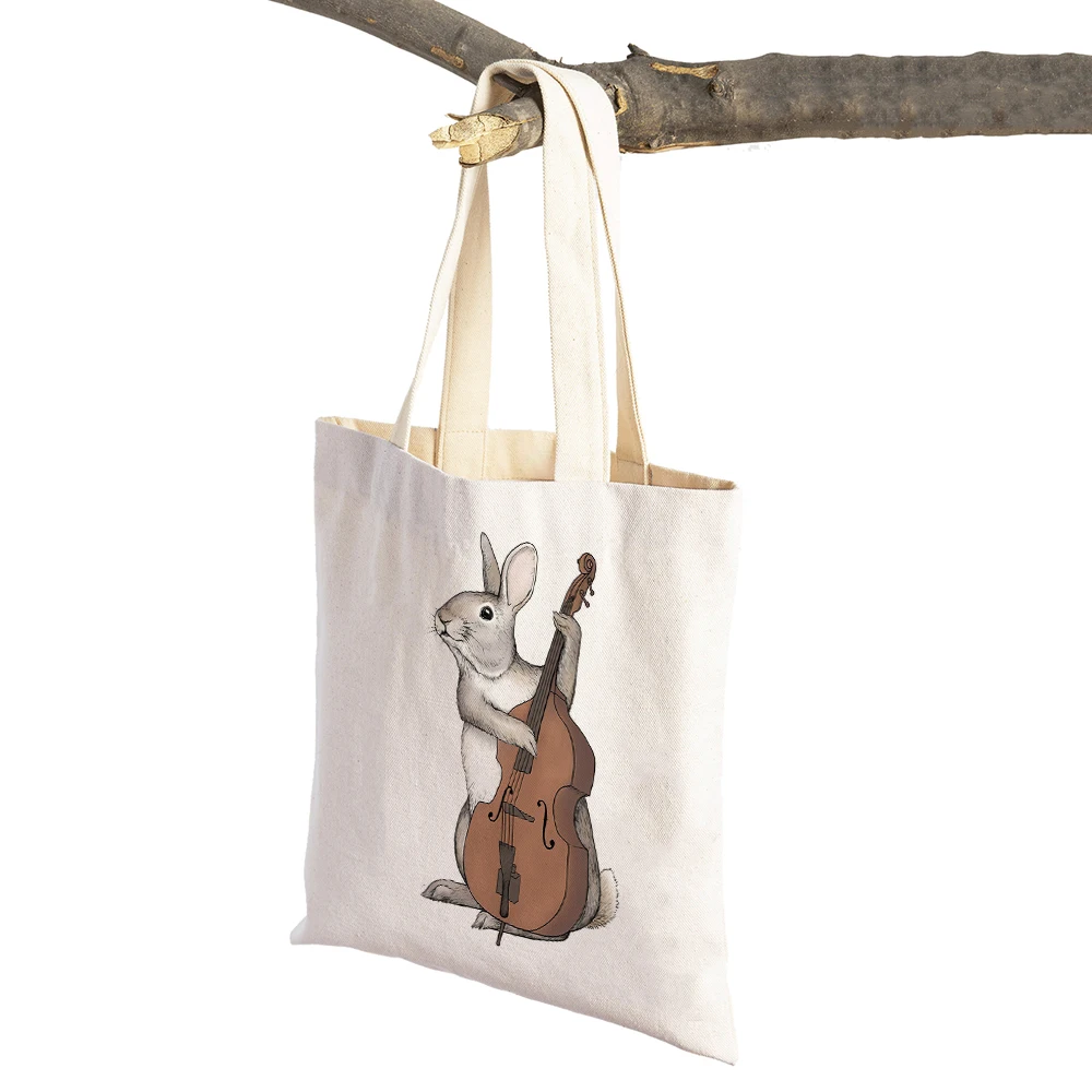 Cartoon Squirrel Rabbit Fox Guitar Music Casual Women Shopping Bags Animal Canvas Supermarket Shopper Bag Reusable Tote Handbag