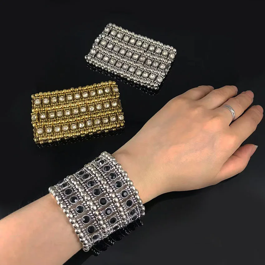 Classic Fashion  Luxury  Bracelets for Women Wide Retro Punk  Crystal Retractable Woven Beaded Bracelet