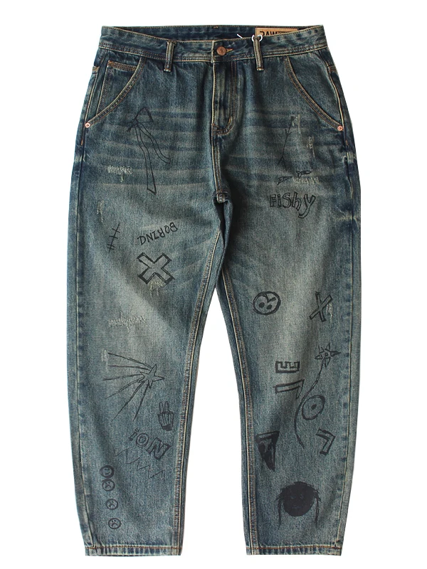 

Heavyweight Size 40 Printed Graffiti Autumn Men's Denim Jeans Streetwear Straight Oversized Loose Fit Stylish Trousers Pants