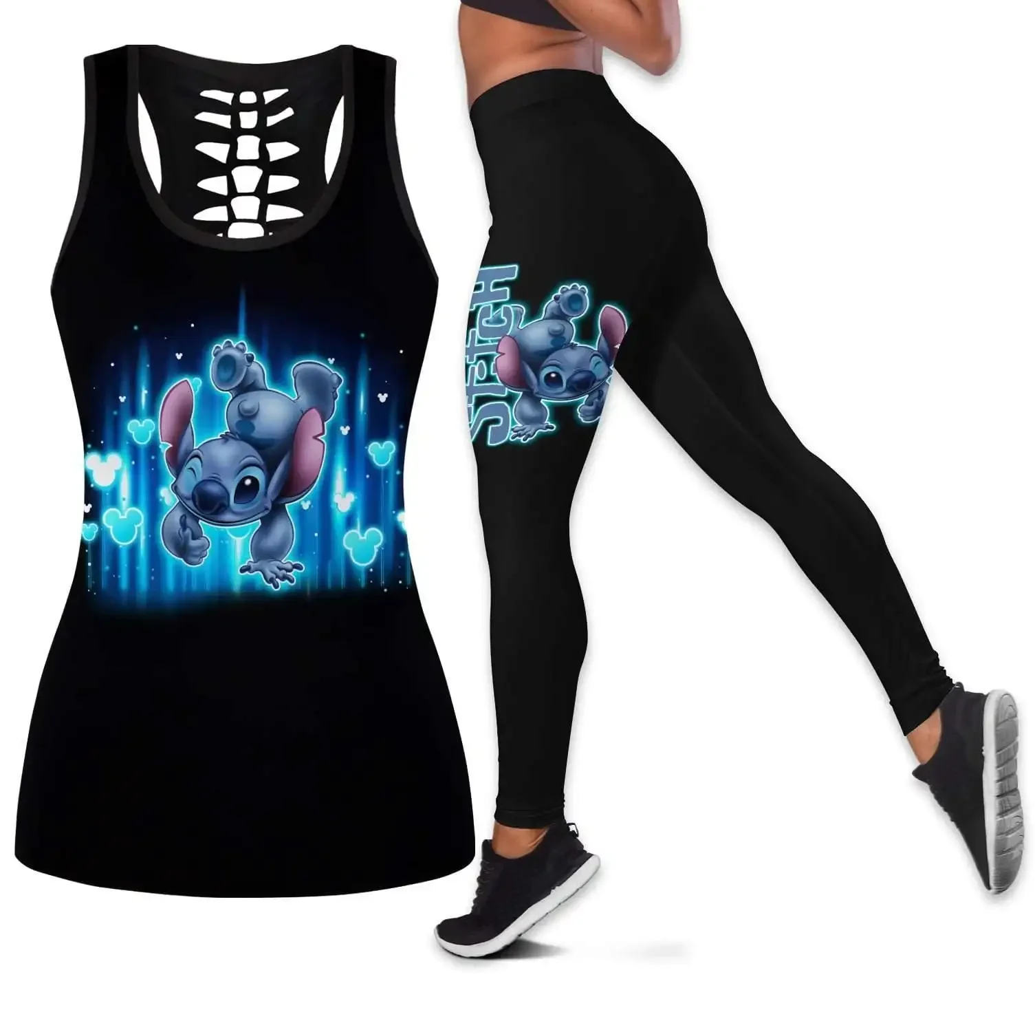 Stich Damen Buch Hohl weste Damen Leggings Yoga Anzug Fitness Leggings Sporta nzug Disney Tank Top Legging Set Outfit