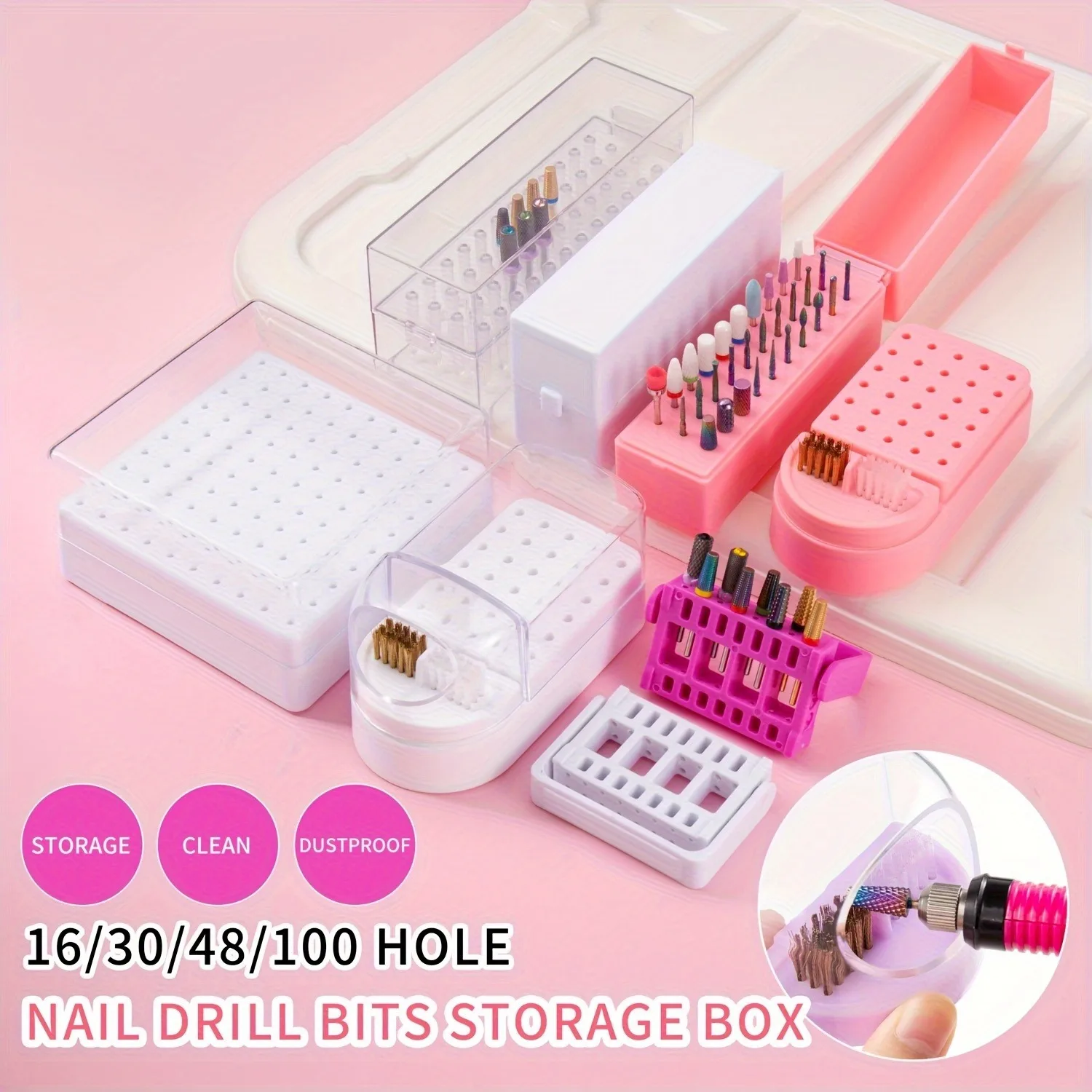 Organizer przenośny na 30/100 otworów, 1 sztuka, różne style, do przechowywania i organizowania frezów do paznokci, z podstawą pyłoszczelną.