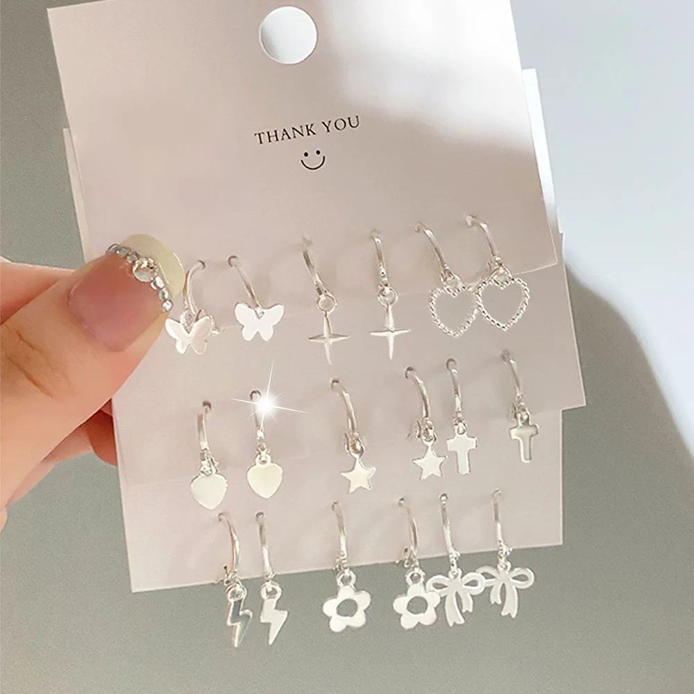 KINFOLK Cute Black Heart Bow Earrings Set For Women Girls Silver Color Star Cross Hoop Earrings Fashion Jewelry Party Gifts 2022