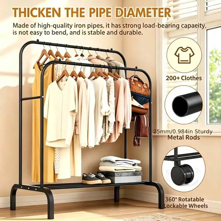 LEO IRIS Durable Metal Hanger With Double Poles And Wheels, Equipped With Shelves And Hooks, A Multifunctional Wardrobe Solution Suitable For Independent Metal Hangers In Bedrooms, Laundry Rooms, And Living Rooms.