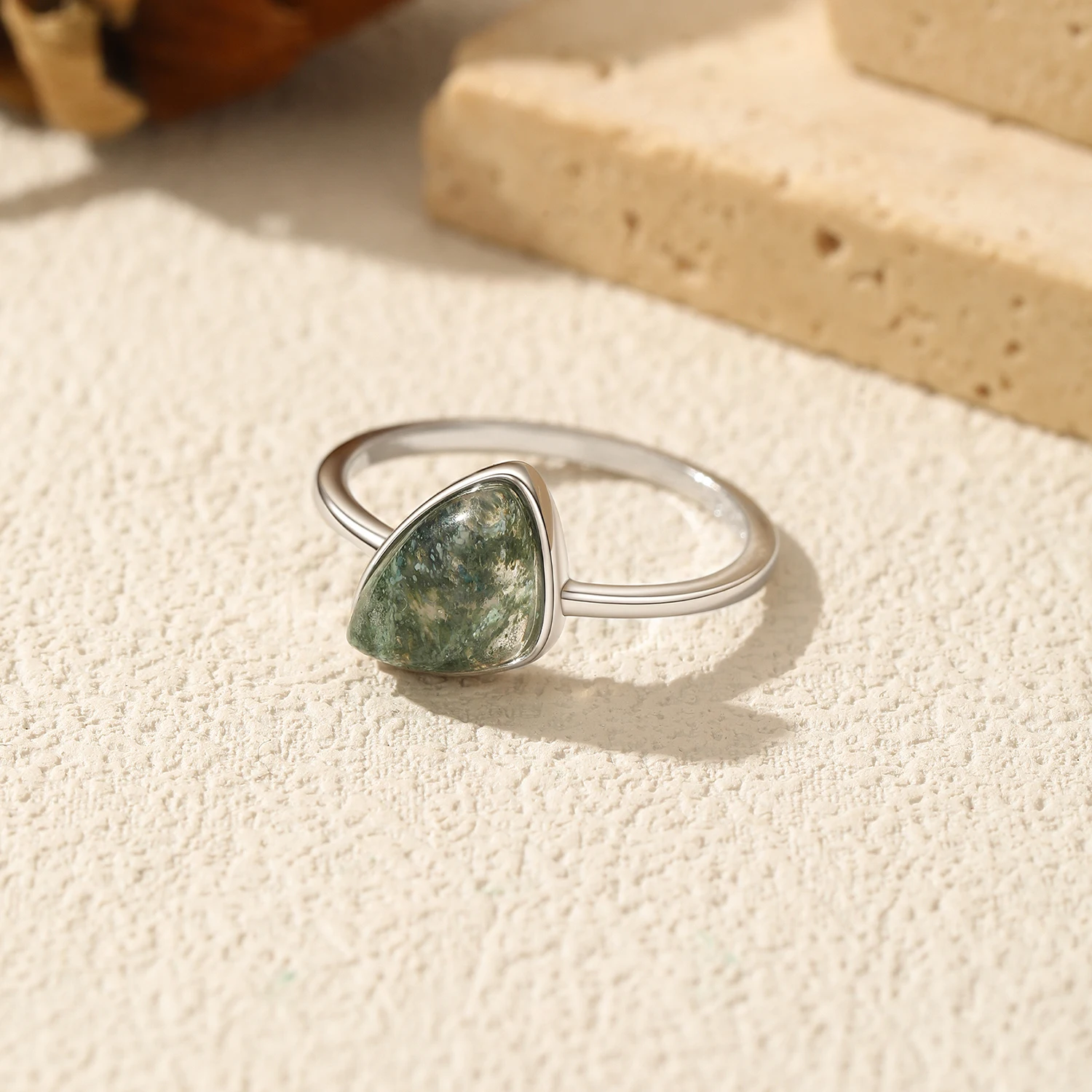 MODIAN 925 Sterling Silver Triangle Moss Agate Ring Bezel Set Solitaire Dainty Thin Band Stackable Finger Ring For Women Jewelry - view 6