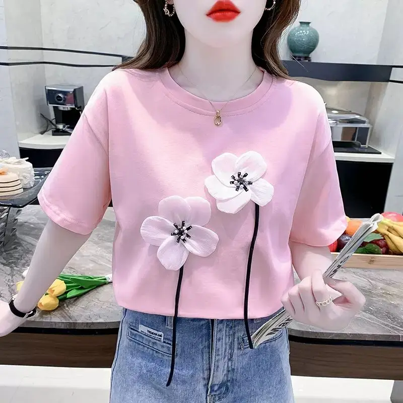 

Pure Cotton Short-sleeved T-shirt for Women 2025 Summer New Style Fashion Age-reducing Design Niche Three-dimensional Flowers