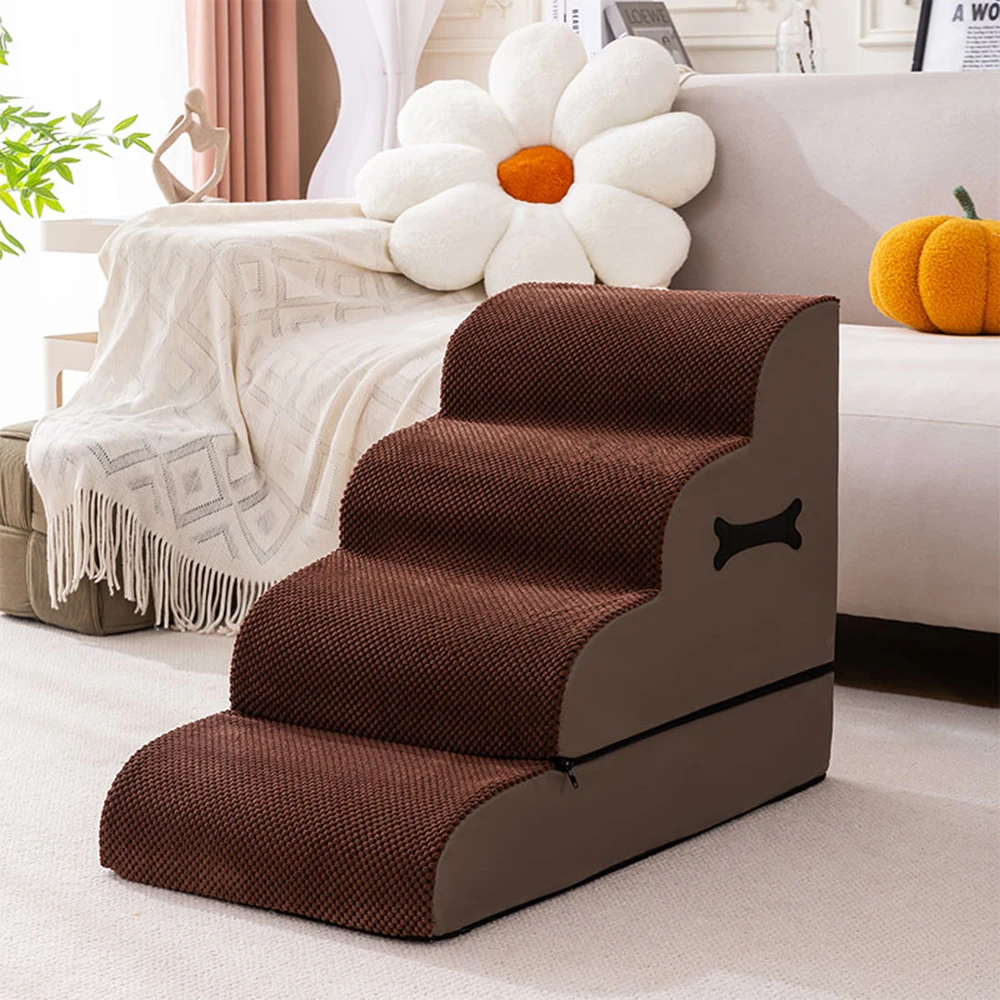 Ramp Pet Stairs 4-Tiers Dog Stairs Non-Slip Dog Ladders Ramp for High Bed and Couch Zipper Detachable Changeable for Dogs Cats