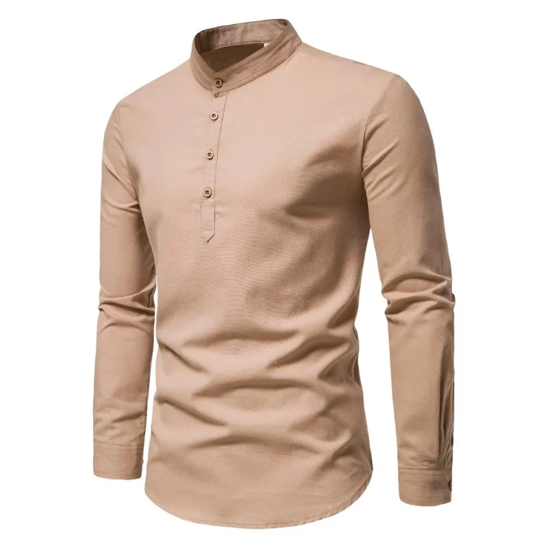 Camisas masculinas de cor sólida de algodão puro primavera e outono, camisas elegantes de manga comprida com gola alta, camisas masculinas justas