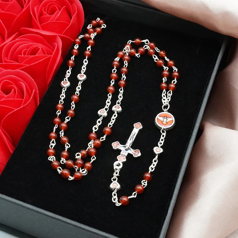 

Natural Agate Rosary Cross Pendant Necklace Bracelet Our Lady of the Cross Men Women Prayers Religious Gifts Souvenirs