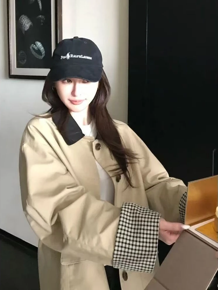 Jesienny płaszcz damski w stylu Y2K, koreański, szykowny, z wzorem w kratę, łączony, w stylu japońskim kawaii preppy, odzież damska.