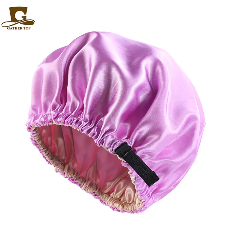 Satin Nightcap Shower Cap Bath Cap Women Invisible Flat Adjustment Buckle Simulated Silk Double Round Cap Beauty Salon Hat