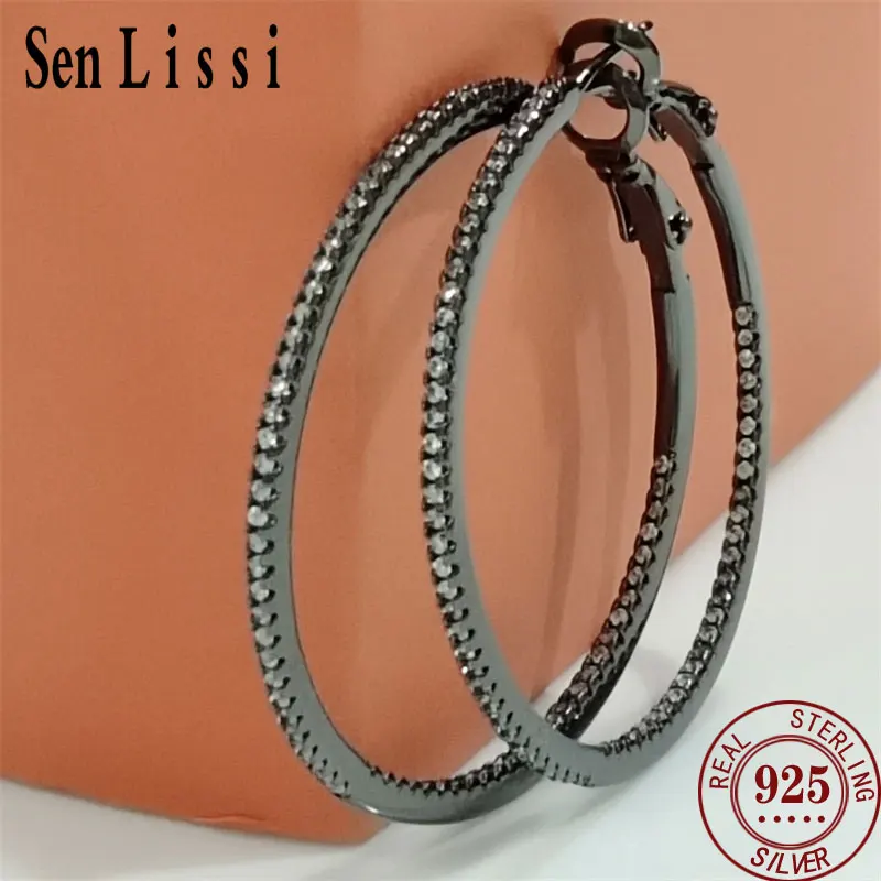 Senlissi Diamond Hoop Earrings Real Money 925 Silver earrings original certified Fashion Earring Cерьги Kольца Ring  Black Gold