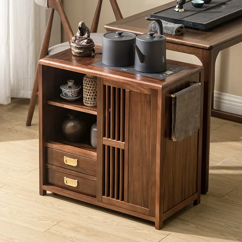 Ebony Solid Wood Mobile Tea Cabinet with Integrated Kettle Living Room Side Table Small Tea Cart Edge Table Household