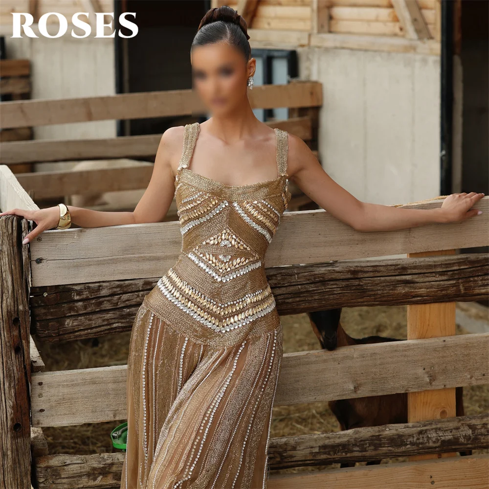 ROSES Brown Evening Dress Spaghetti Strap Sleeveless Party Dresses Beading On Chest Prom Gown A Line robes du soir Customized