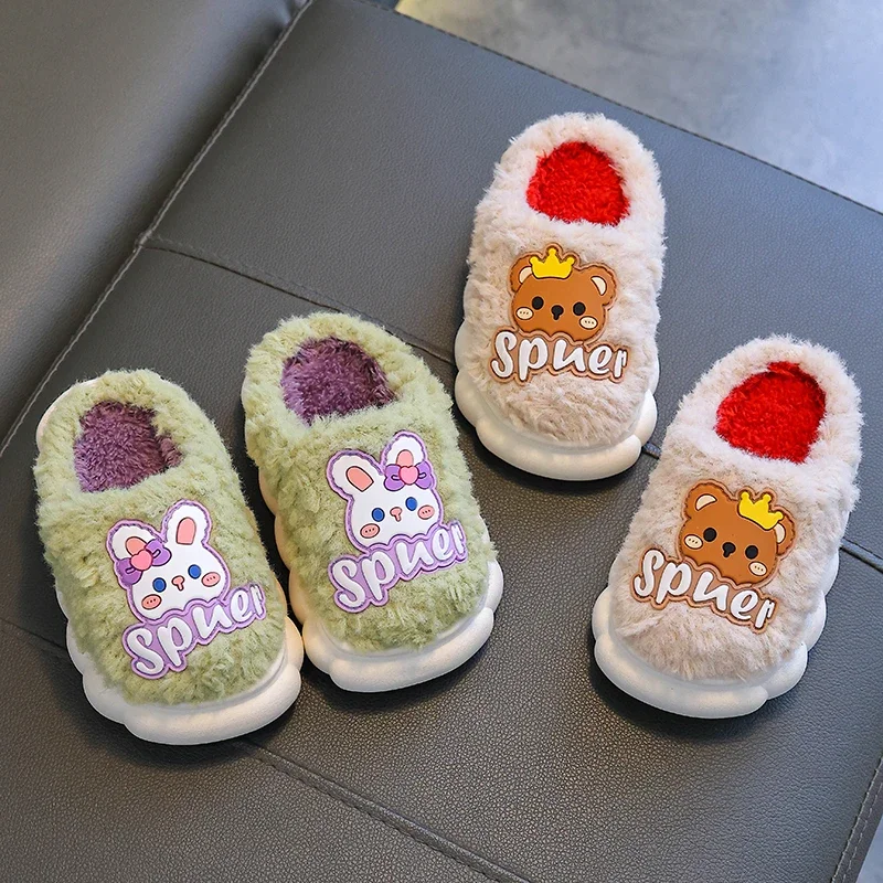 New Winter Cute Cartoon Rabbit Bear Children\'s Warm Non-slip Fluffy Slippers For Girls Boys Home Indoor Mule Kids Cotton Shoes