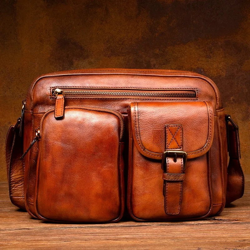 Vintage Men's Casual Shoulder Bag Hand-Dyed Top-Grain Vegetable-Tanned Leather Genuine Crossbody Satchel