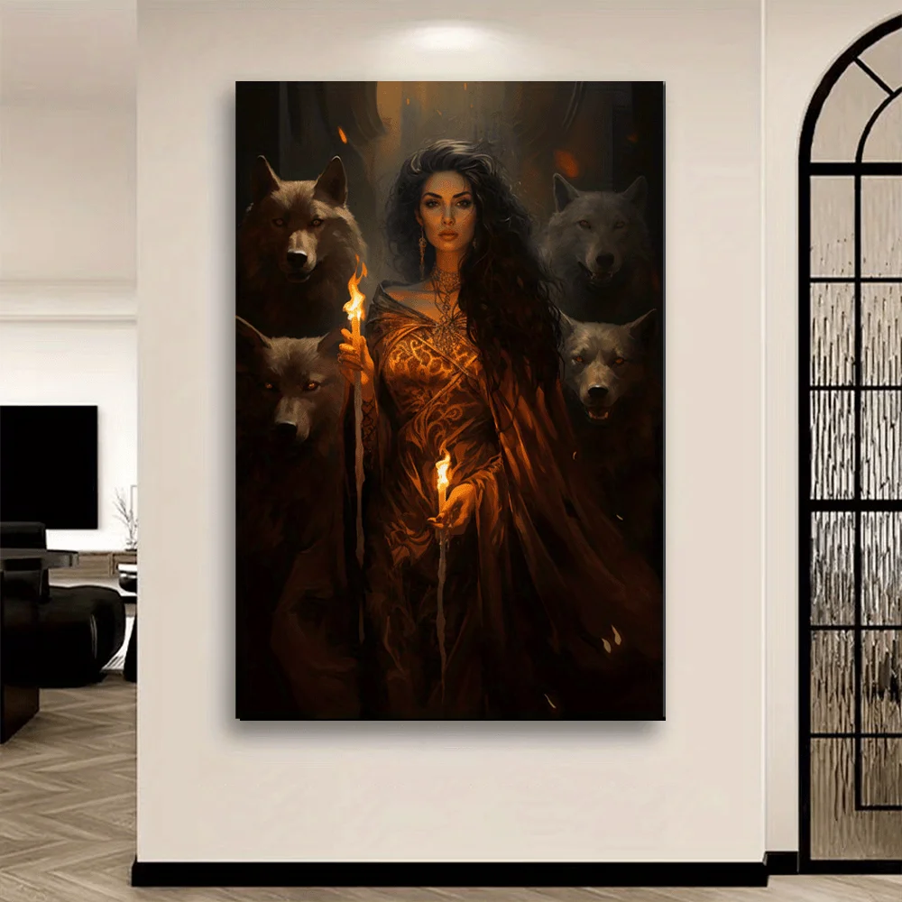 (No frame)Frame, Hecate Night Guardian Canvas Art Painting, Wolf and Torch, Greek Mythology Guardian Wall Decoration, Wooden