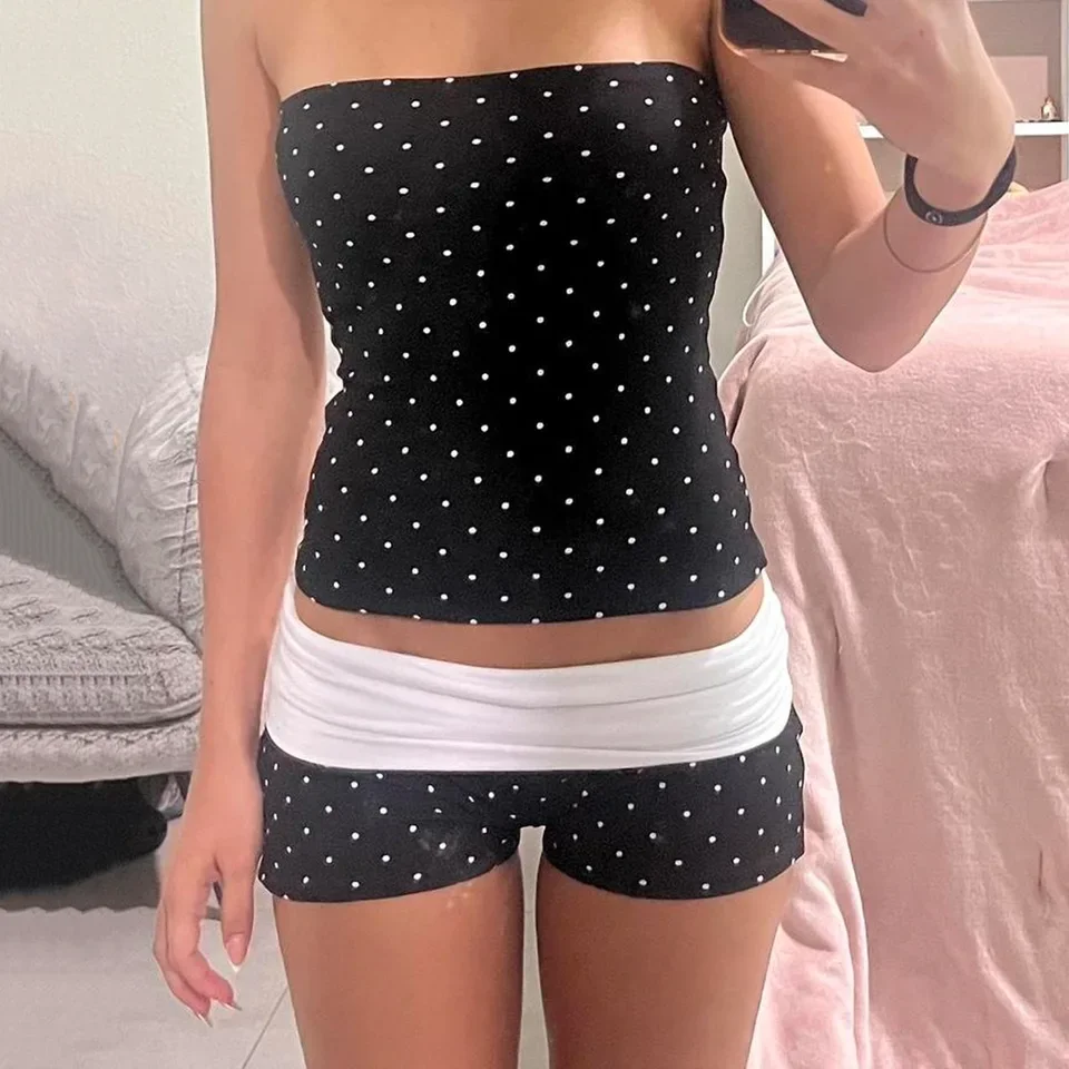 Polka Dot Printing Splicing Contrasting Color Chest-wrapped Shorts Two-piece Set Thin Casual Sports Suit
