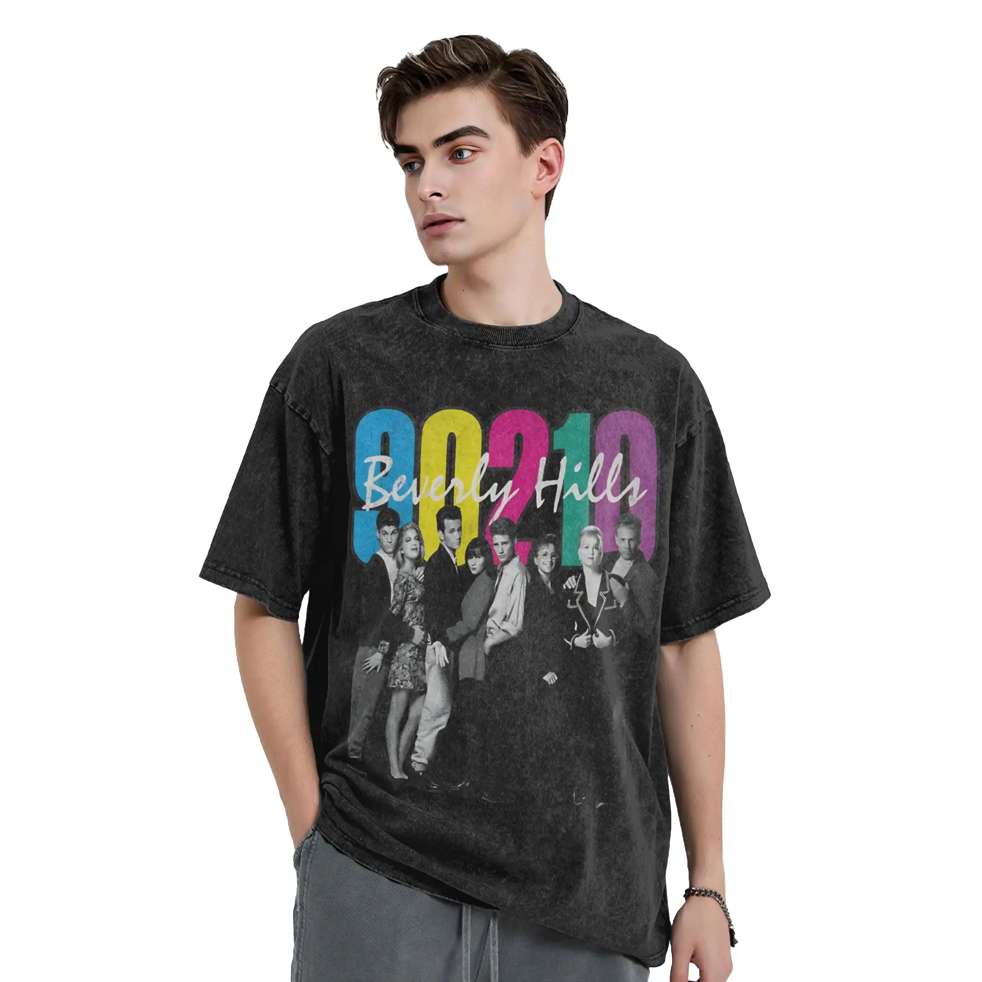 Beverly Hills, 90210 Rainbow Washed T-Shirt Couple  Vintage Cotton T Shirts Harajuku Tees Simple Oversized Clothing