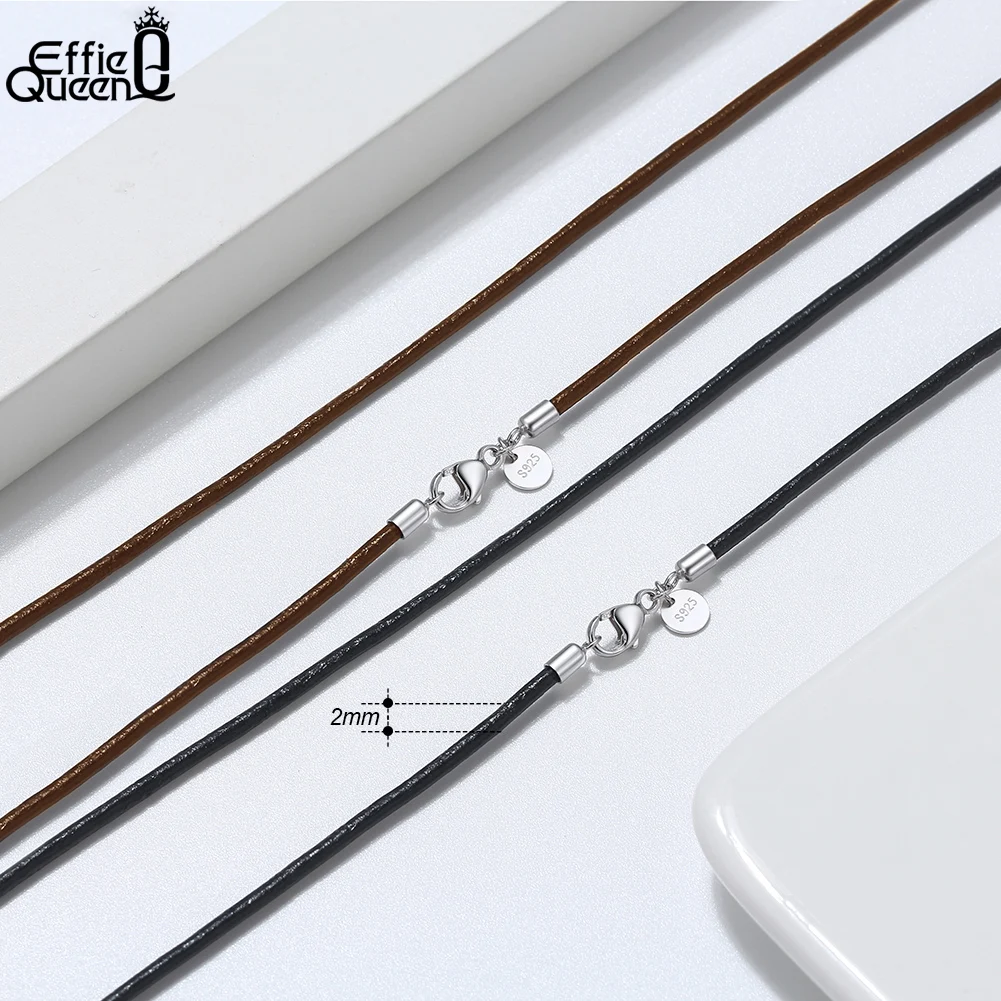 Effie Queen 2mm & 3mm Black or Brown Leather Cord Chain Necklace 925 Sterling Silve for Women Neck Chain Necklace Jewelry SC62