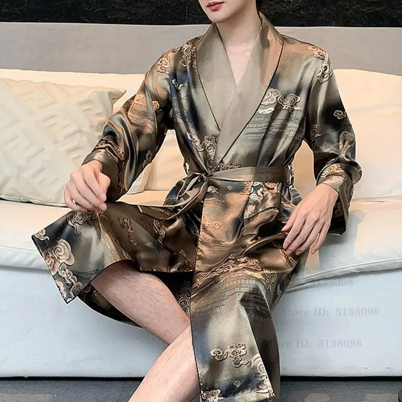 Chinese Style Men Robe Kimono Spring Ice Silk Satin Bath Gown Intimate Lingerie Loose Casual Long Sleeve Home Wear Sleepwear