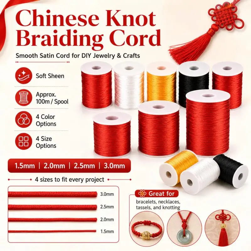 1~3 Rollen 50/100 m pro Rolle, 1,5~3 mm handgefertigte Satinkordel, geeignet zum Flechten chinesischer Knoten, zur dekorativen Verzierung und zur Schmuckherstellung – Detail 1