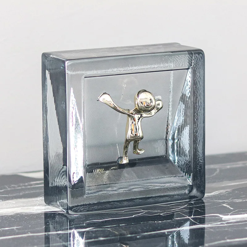 Glass Craft Clear Crystal Cube Metal Figures Golden Man Geometric Glass Decorative Figurines Home Decoration Accessories