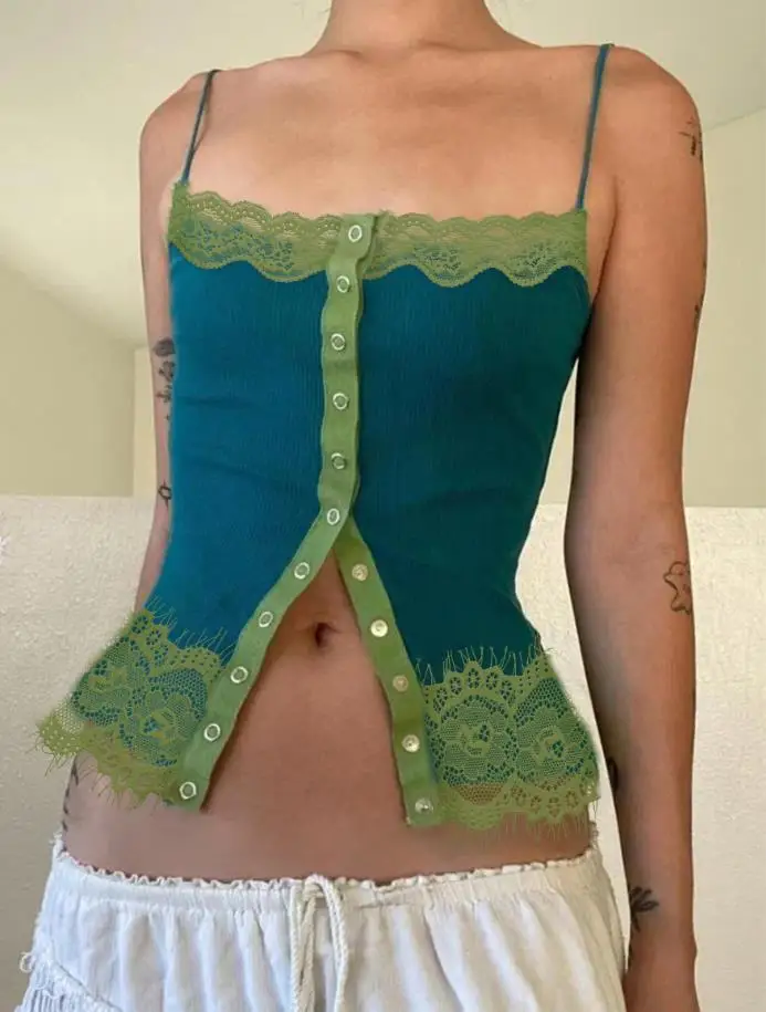 Women Summer Y2K Slim Camisole Button Up Front Tank Top with Lace Trim Spaghetti Strap V-Neck Sleeveless Camis Streetwear