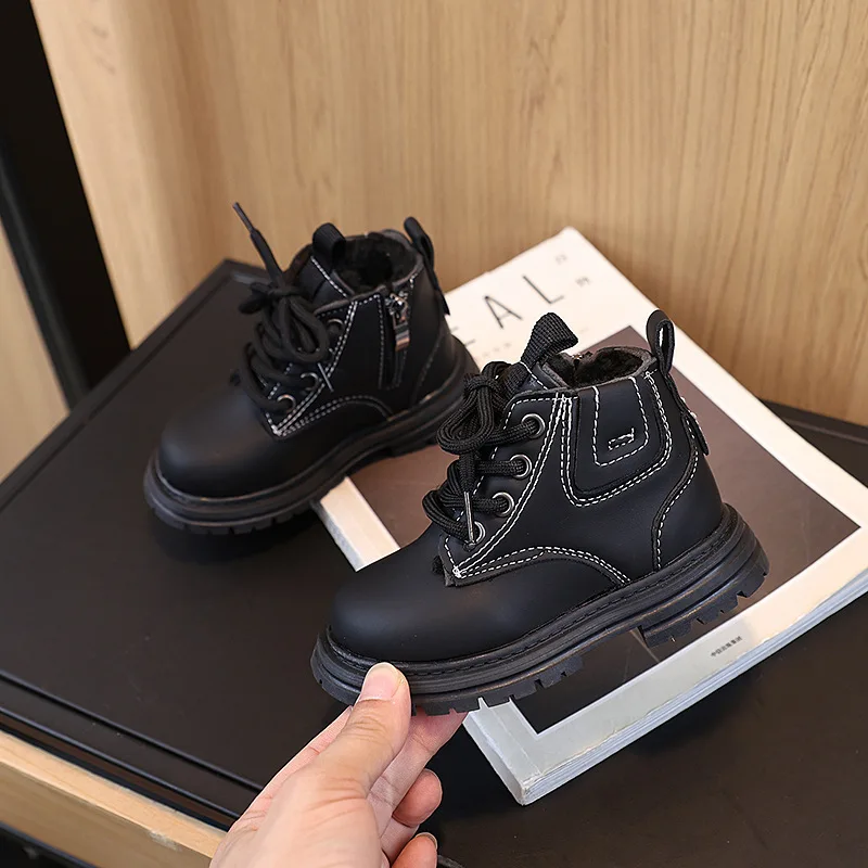Schneestiefel für Jungen, Retro-Design, rutschfeste Schuhe für Kinder, seitlicher Reißverschluss, Winterstiefel mit Plüschfutter, rutschfeste Lederstiefel, Größe 21–30. – Detail 4