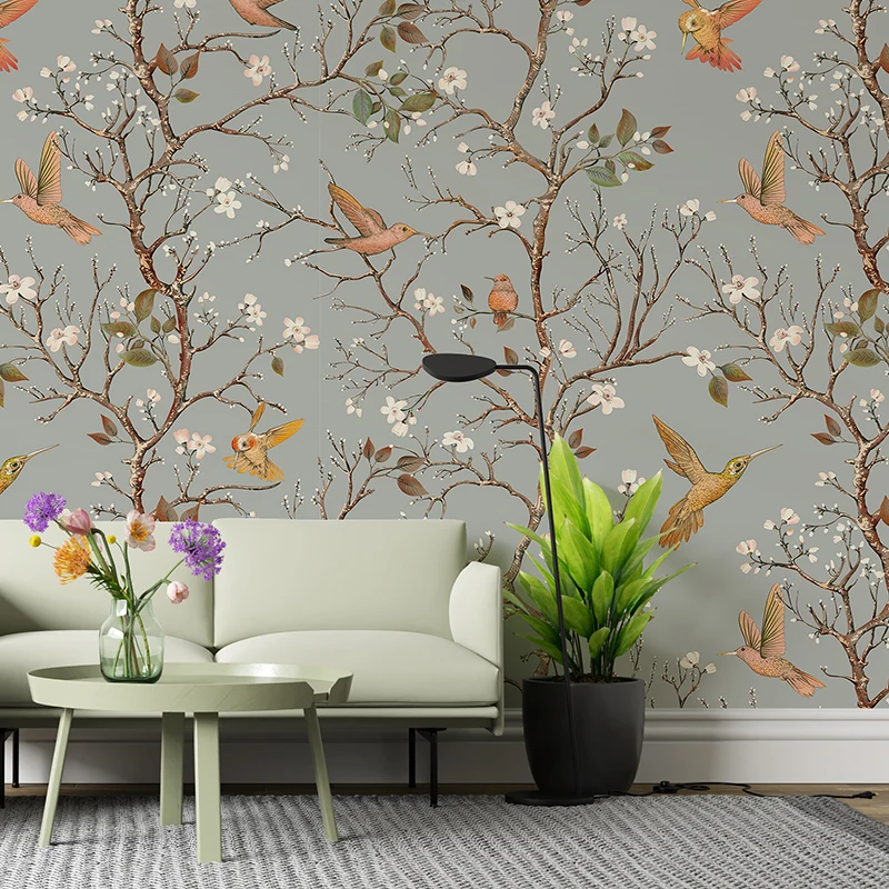 Grey Floral Birds Peel And Stick Large Mural Canvas Fabric TV Background Home Decor Floral Trees Waterproof Wallpaper