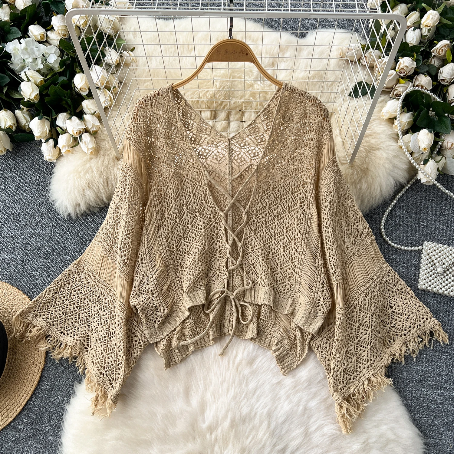 

2025 Autumn Seaside Vacation Beach Cover-up Women's Bohemian Hollow Trumpet Sleeve Outerwear Knitted Sun Protection Shirt Top