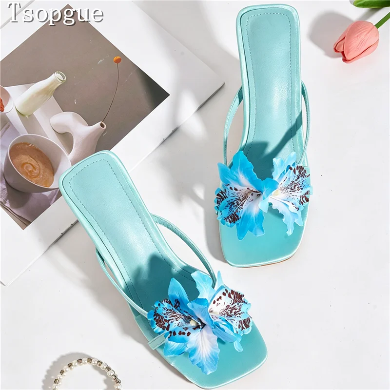 

Luxury Women's Satin Orchid Floral High Heel Sandals Square Open Toe Mules Bridal Wedding Summer Party Formal Fashion Shoes