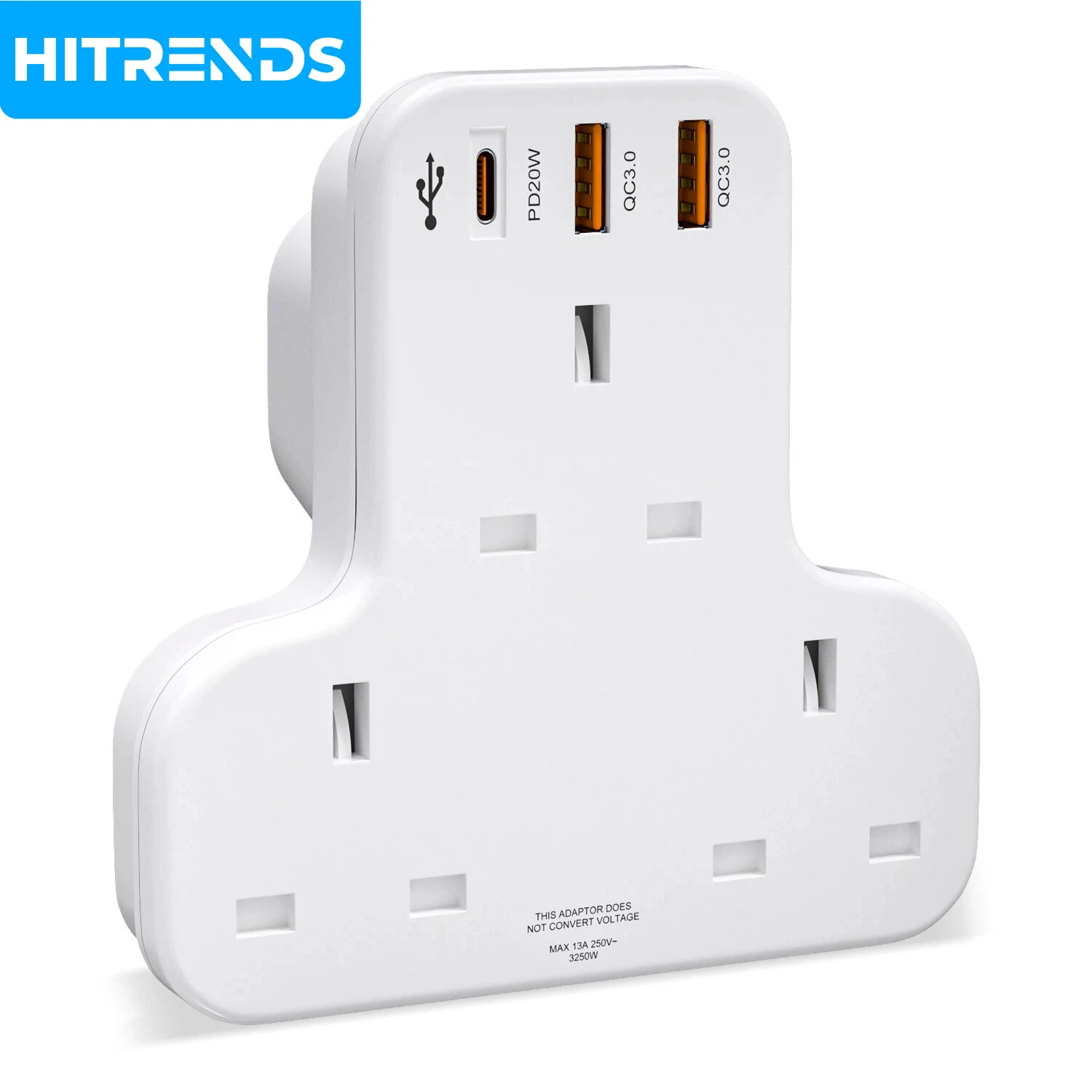 

HITRENDS 6-in-1 UK Multi Plug Adapter, 3-Way Outlet Extender with USB-C PD20W, 13A Fused Flat Wall Socket for Home/Office/Travel