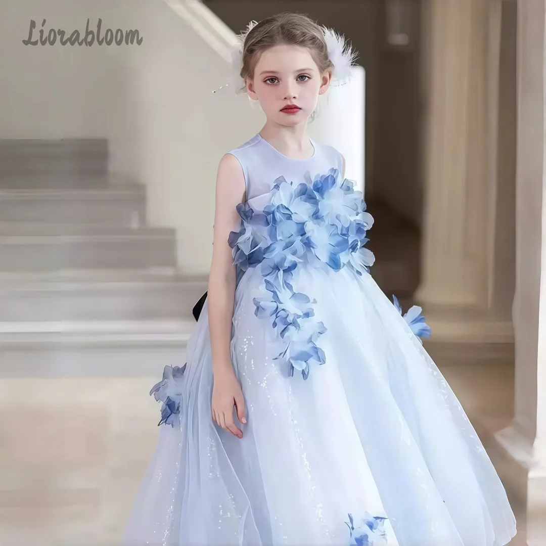 Elegante Abito Formale da Bambina Blu Stile Fata, Vestito Soffice in Tulle per Damigella, Abito da Cerimonia per Matrimonio