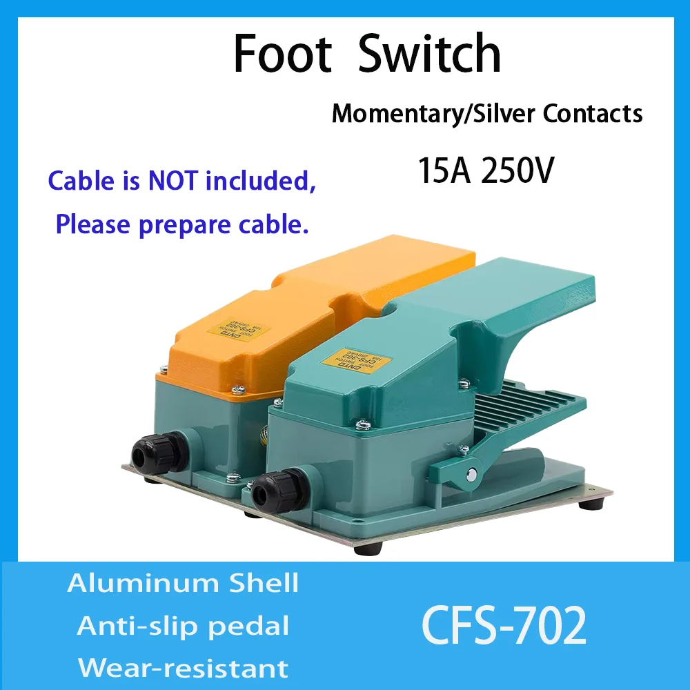 CNTD CFS‑702 Foot Switch Momentary Silver Contact 15A 250V Aluminum Shell Anti‑slip Industrial Foot Pedal Switch No Cable