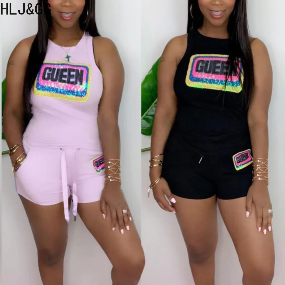 

HLJ&GG Summer Letter Printing Two Piece Sets Women Sleeveless Crop Vest And Shorts Tracksuits Female Matching Sporty 2pcs Outfit