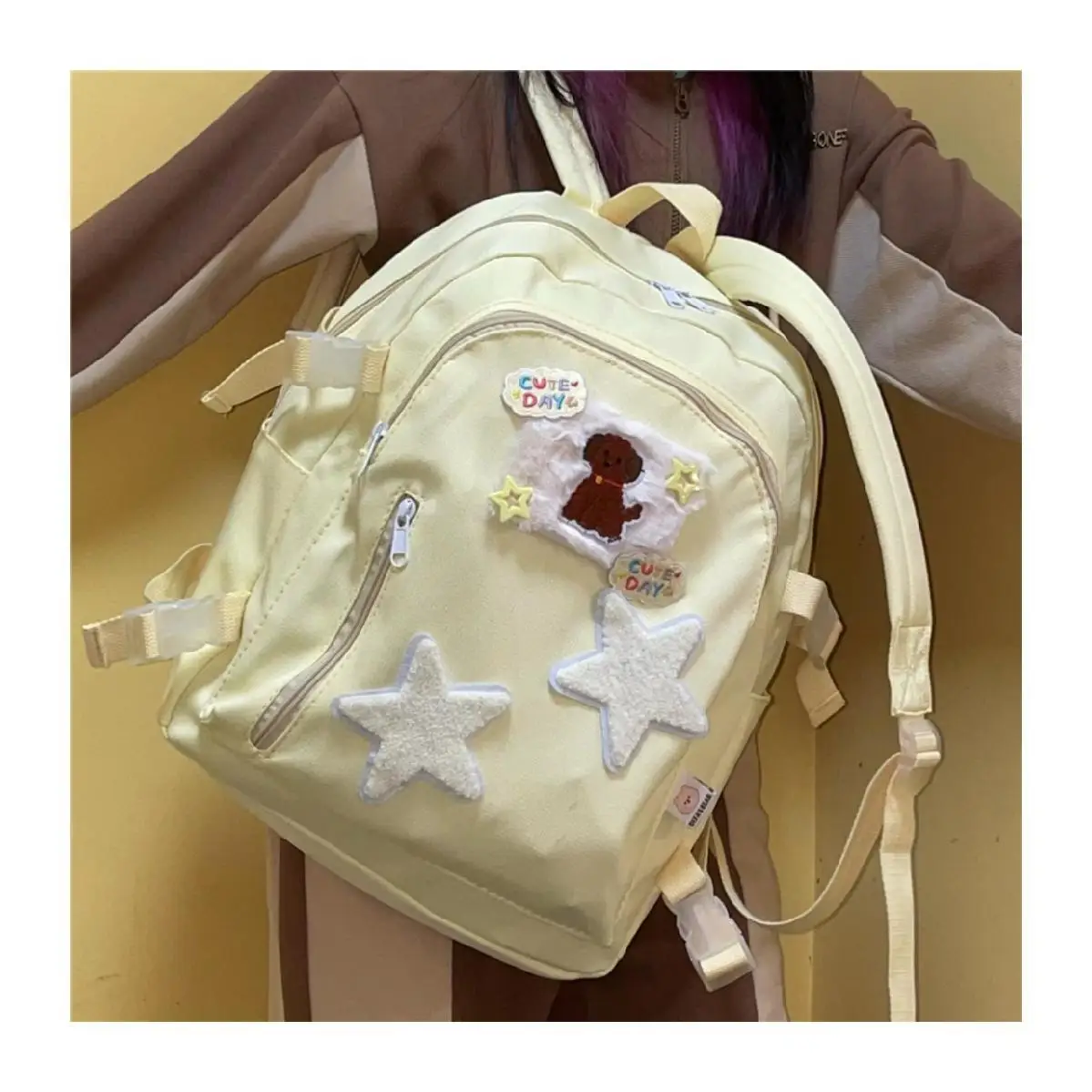 JIAERDI-mochila estrela Harajuku para mulheres, grande capacidade chique, mochila amarela vintage feminina, bordado para cachorro, mochila Y2K, casual, nova